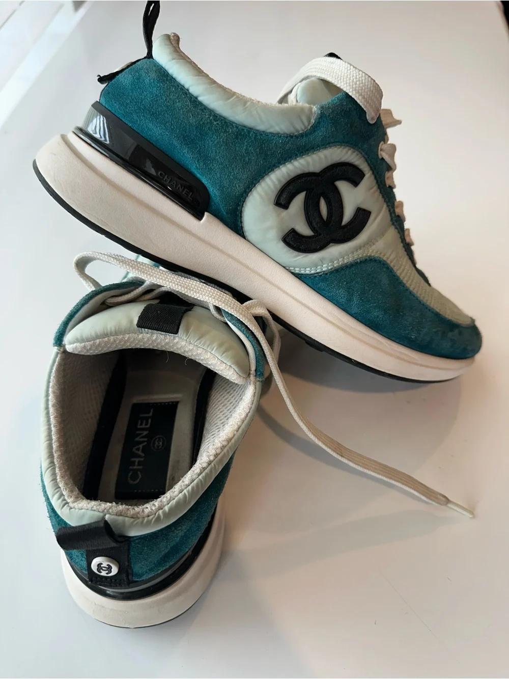 CHANEL womens Teal & Mint Suede Nylon Leather Logo Sneakers size 5